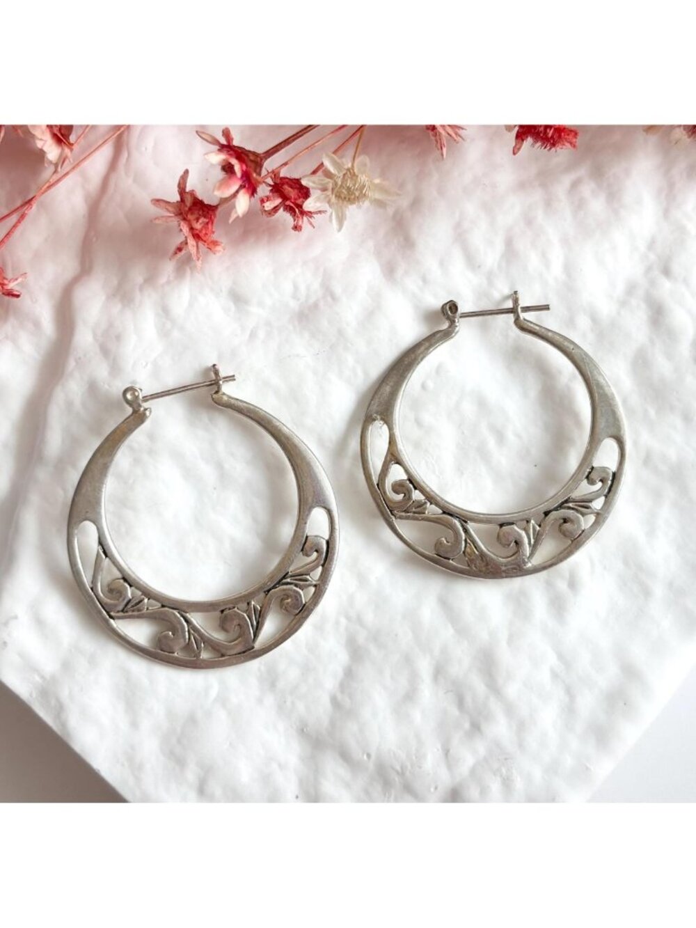 Filigree Scroll Art Nouveau Openwork Hoop Vintage Sterling Silver 925 Earrings